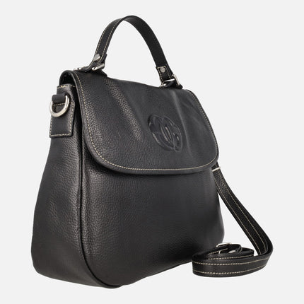 Black leather handbags with lid and crossbody handle