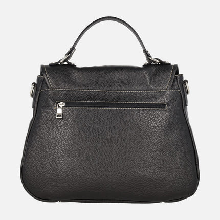 Black leather handbags with lid and crossbody handle