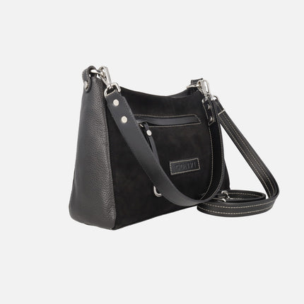 Bolsos de piel y serraje con asa para hombro y bandolera