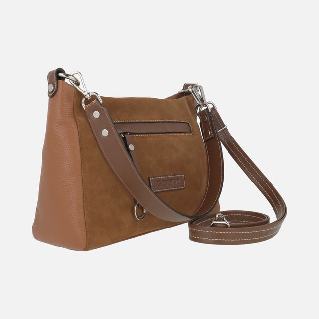 Bolsos de piel y serraje con asa para hombro y bandolera