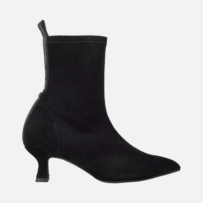 Botines de tacón bajo en tejido elástico negro efecto ante