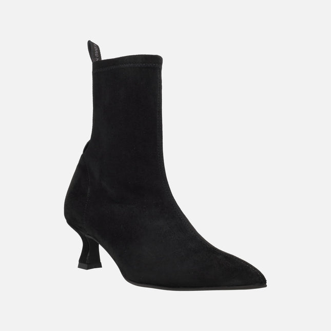 Botines de tacón bajo en tejido elástico negro efecto ante