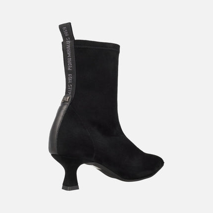 Botines de tacón bajo en tejido elástico negro efecto ante