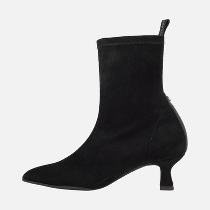 Botines de tacón bajo en tejido elástico negro efecto ante