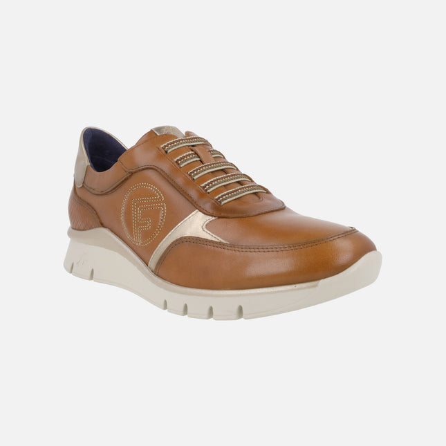 Zapatos deportivos confort Union en piel color cuero con cordones elásticos