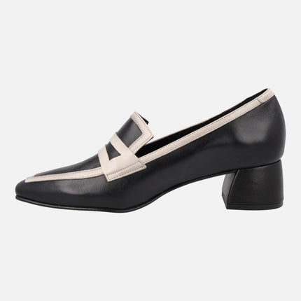 Mocasines de tacón con copete y franjas beige