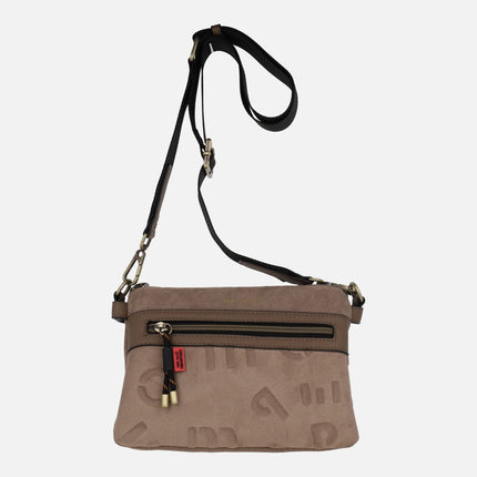 Bolsos bandolera en combinado taupe con triple compartimento interior