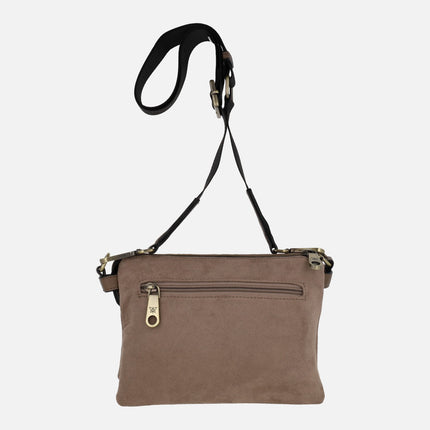 Bolsos bandolera en combinado taupe con triple compartimento interior