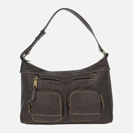 Chocolate brown shoulder bags with exterior pockets