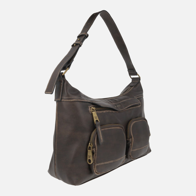Chocolate brown shoulder bags with exterior pockets