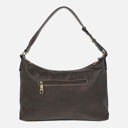 Chocolate brown shoulder bags with exterior pockets