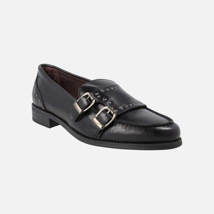 Mocasines de piel para mujer con hebillas y tachuelas