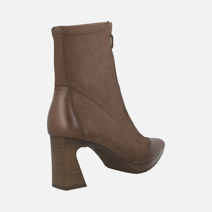 Botines de tacón con caña en tejido elástico y cremallera frontal