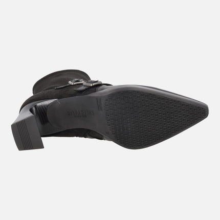 Botines de tacón en combinado de piel y tejido elástico