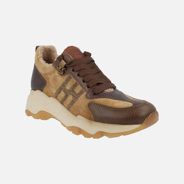 Zapatos deportivos Nepal en combinado piel serraje avellana