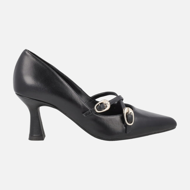 Salones negros de piel Gumer con tiras cruzadas y hebillas