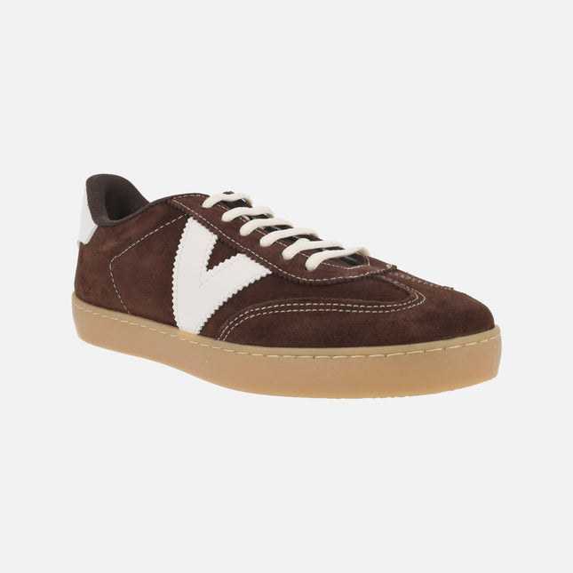 Zapatillas deportivas Berlín ciclista serraje y contraste en marrón chocolate