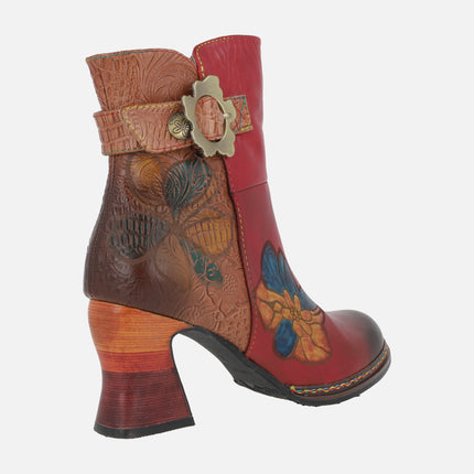 Heeled booties with floral motifs Laura Vita Eleo 02 Rouge