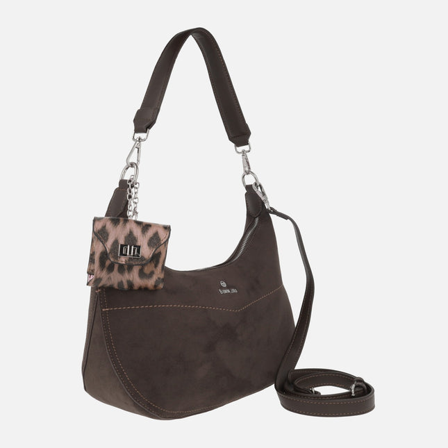 Brown Glen bag in suede-effect fabric with leopard print purse