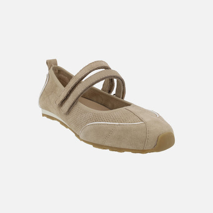 Bailarinas deportivas en serraje arena con doble tira de velcro