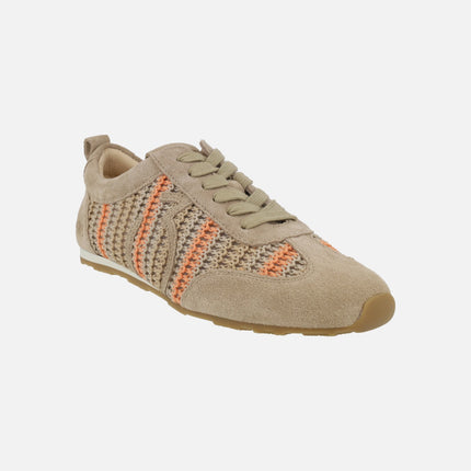 Zapatillas deportivas bajas en tejido crochet beige y naranja