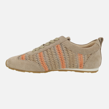 Zapatillas deportivas bajas en tejido crochet beige y naranja