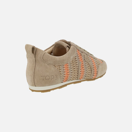 Zapatillas deportivas bajas en tejido crochet beige y naranja