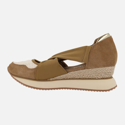 Zapatillas abiertas en piel y crochet con cuña de yute VUKA