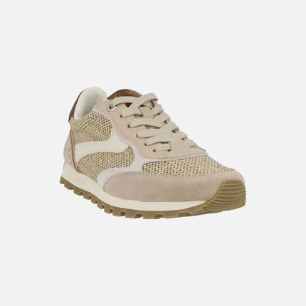 Zapatillas deportivas en combinado de serraje y rafia beige