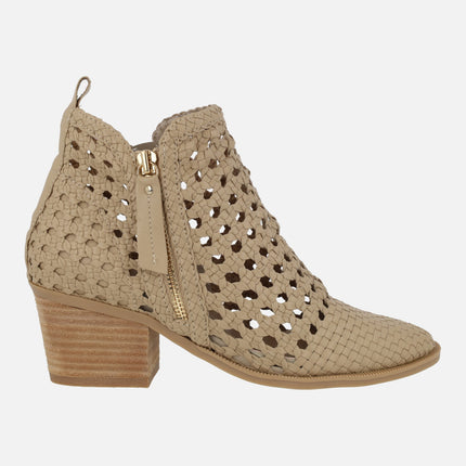 Beige braided ankle boots with zipper detail