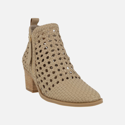Beige braided ankle boots with zipper detail