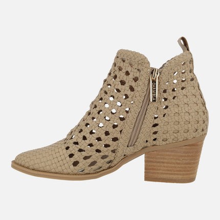 Beige braided ankle boots with zipper detail