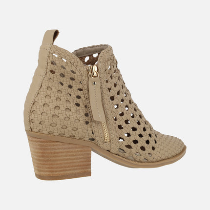 Beige braided ankle boots with zipper detail