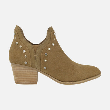 Cut out camel suede ankle boots with rhinestones
