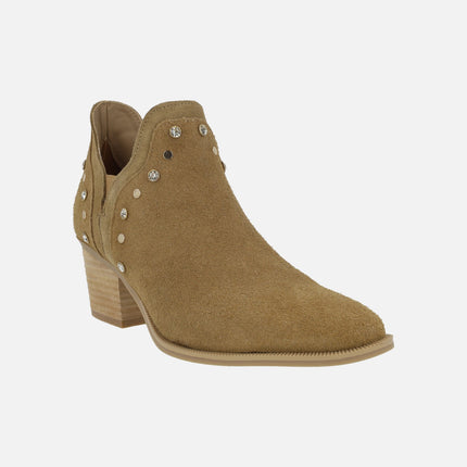 Cut out camel suede ankle boots with rhinestones