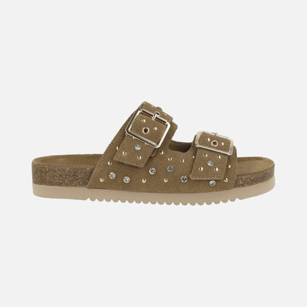 Suede sandals with buckles and decorative appliqués