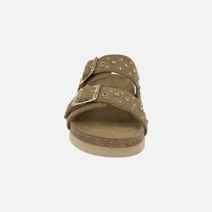 Suede sandals with buckles and decorative appliqués
