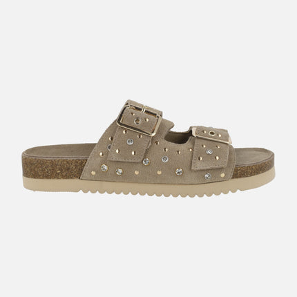 Suede sandals with buckles and decorative appliqués