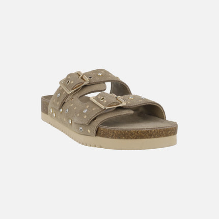 Suede sandals with buckles and decorative appliqués