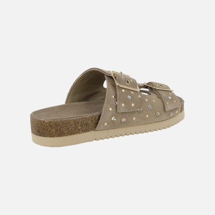 Suede sandals with buckles and decorative appliqués