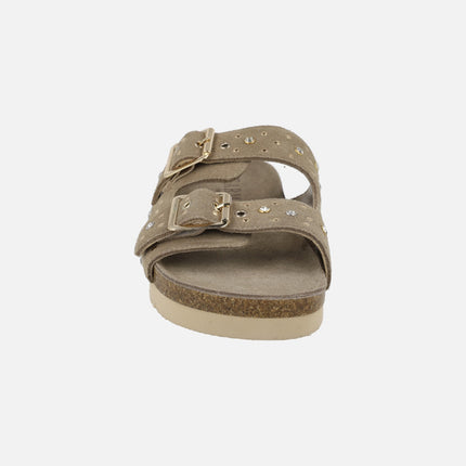 Suede sandals with buckles and decorative appliqués