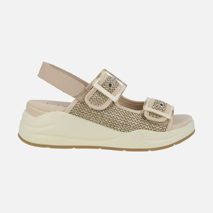 Wedge sandals in beige raffia combination with buckle detail