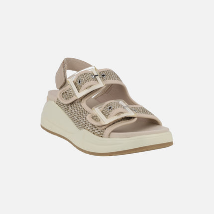 Wedge sandals in beige raffia combination with buckle detail