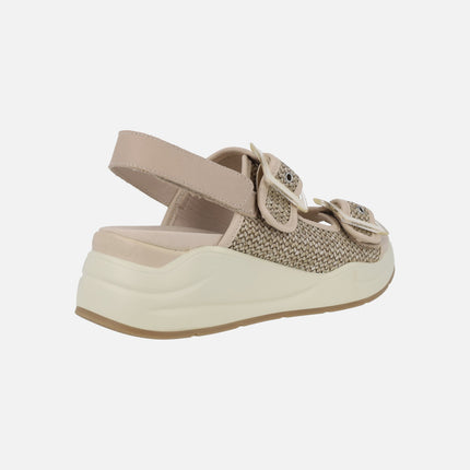 Wedge sandals in beige raffia combination with buckle detail