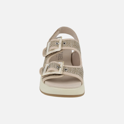 Wedge sandals in beige raffia combination with buckle detail
