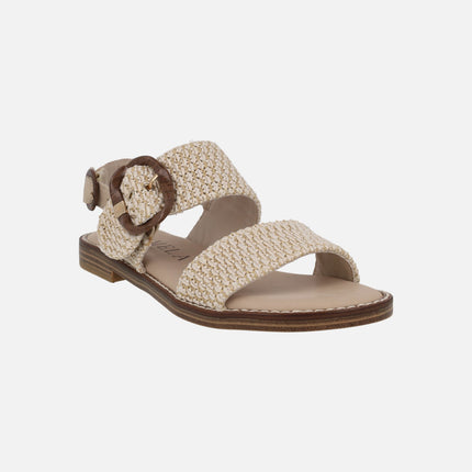 Sandalias planas en combinado de rafia beige