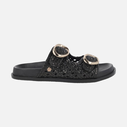 Black braided leather sandals with golden buckles