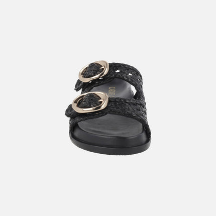Black braided leather sandals with golden buckles