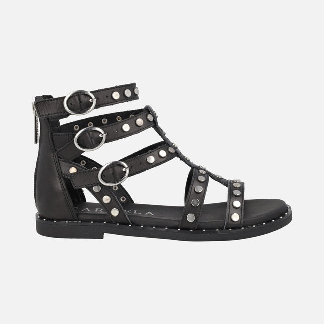 Roman sandals in black leather with silver studs and buckles