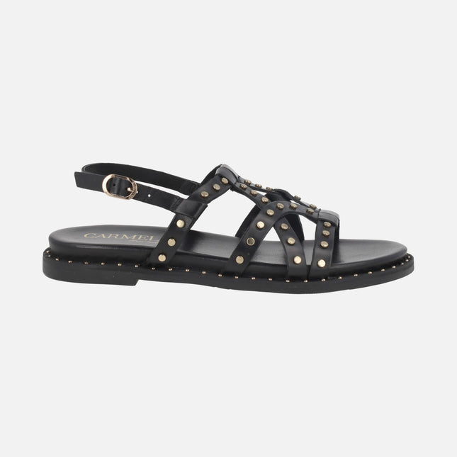 Flat leather sandals with gold studs